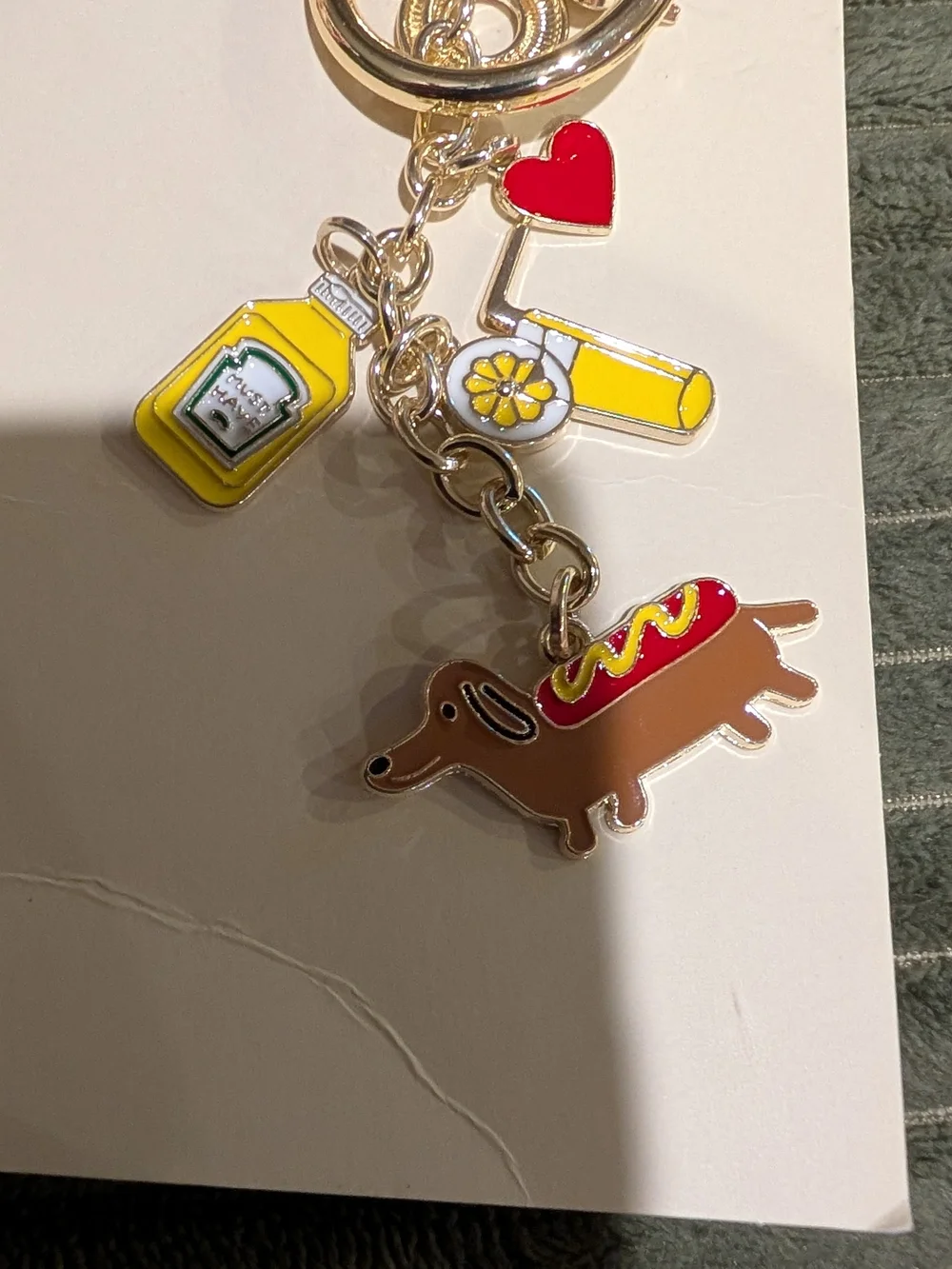 No Boundaries Yellow & Brown Dachshund Hot Dog Charm Keychain with Red Heart